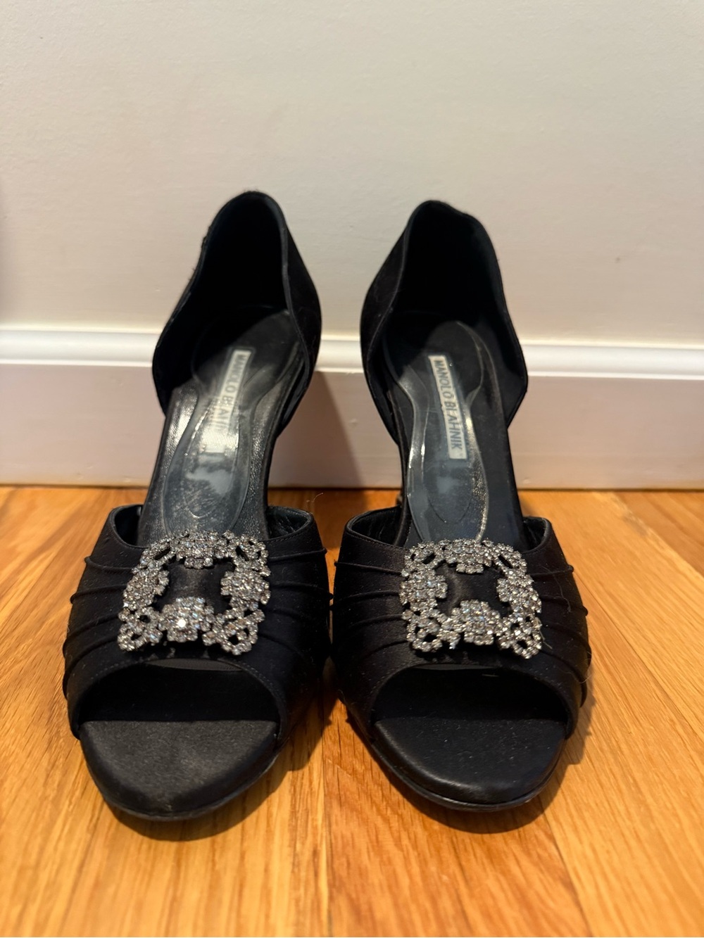 Manolo Blahnik Black Satin D'Orsay Heels with Crystal Buckle